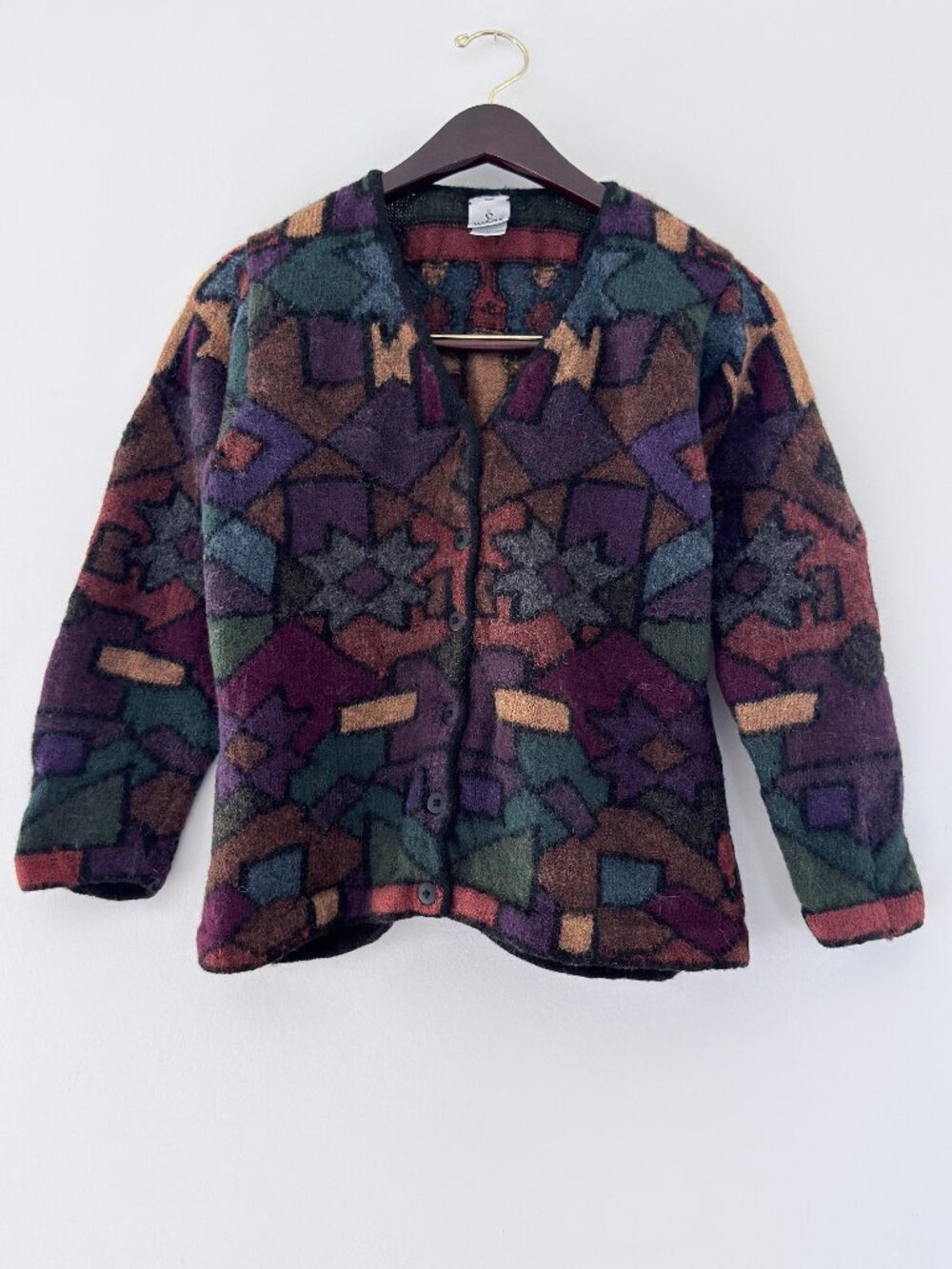 Vintage Wari 100% Pure Alpaca Geometric Knit Cardigan Sweater Size M Hand Made